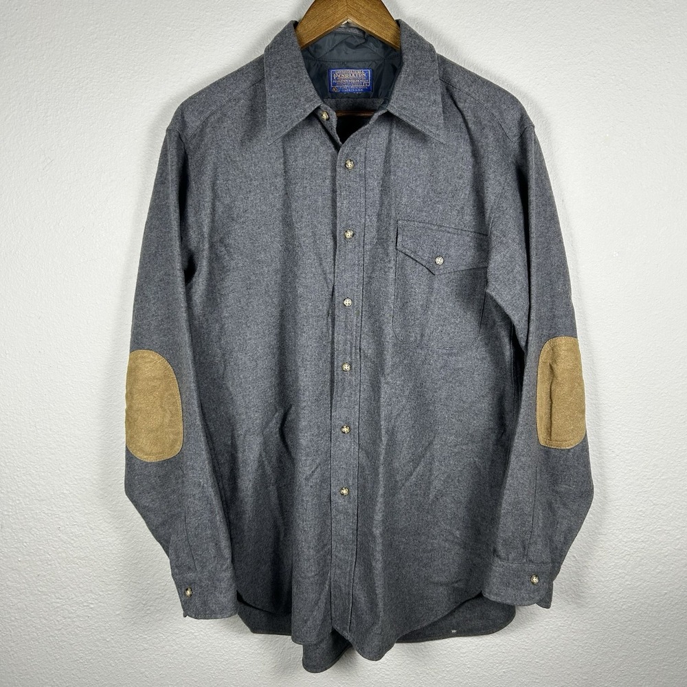 Vintage Pendleton Virgin Wool Shirt Jacket Gray Elbow Patches Large Made in USA